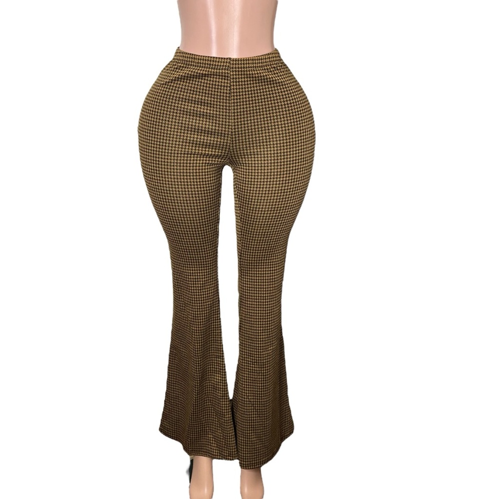 High-Waist Brown Houndstooth Flare Pants